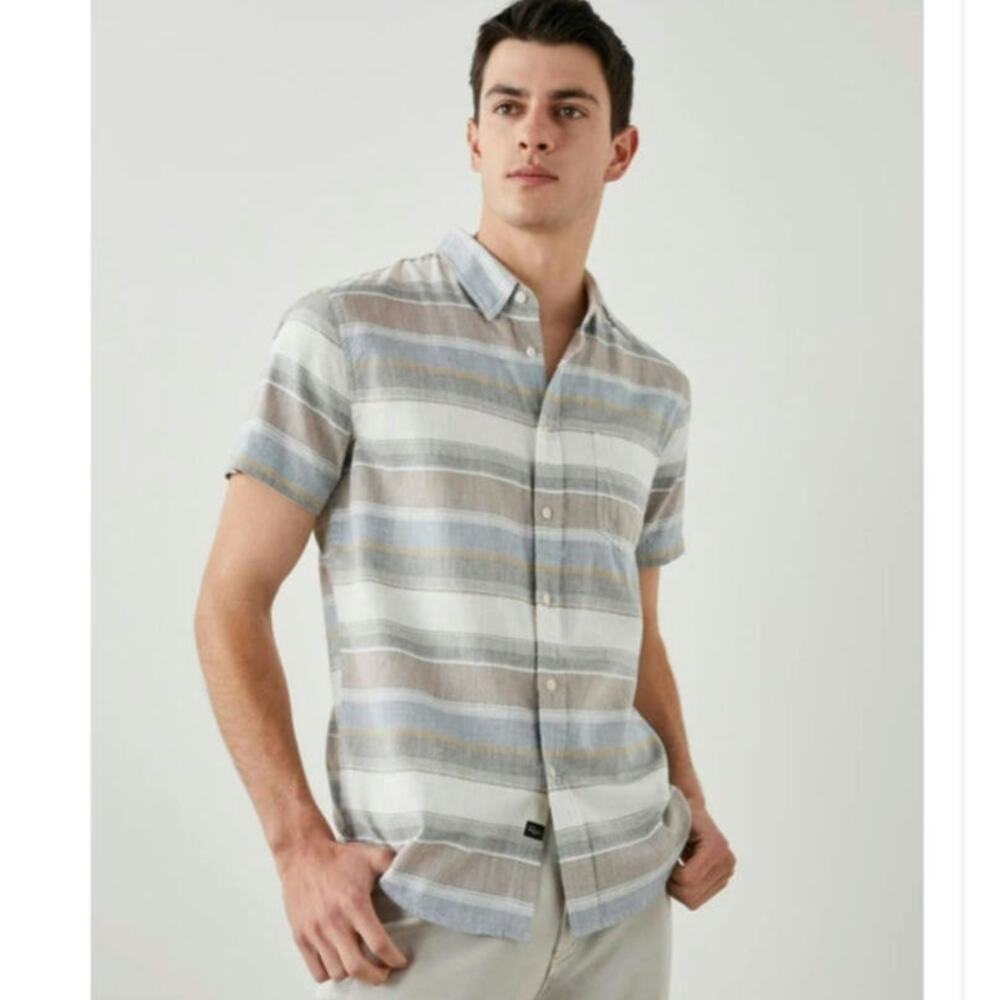 Rails Shirt Mens XL Blue Gray Stripe Linen Blend Short Sleeve Beach coastal